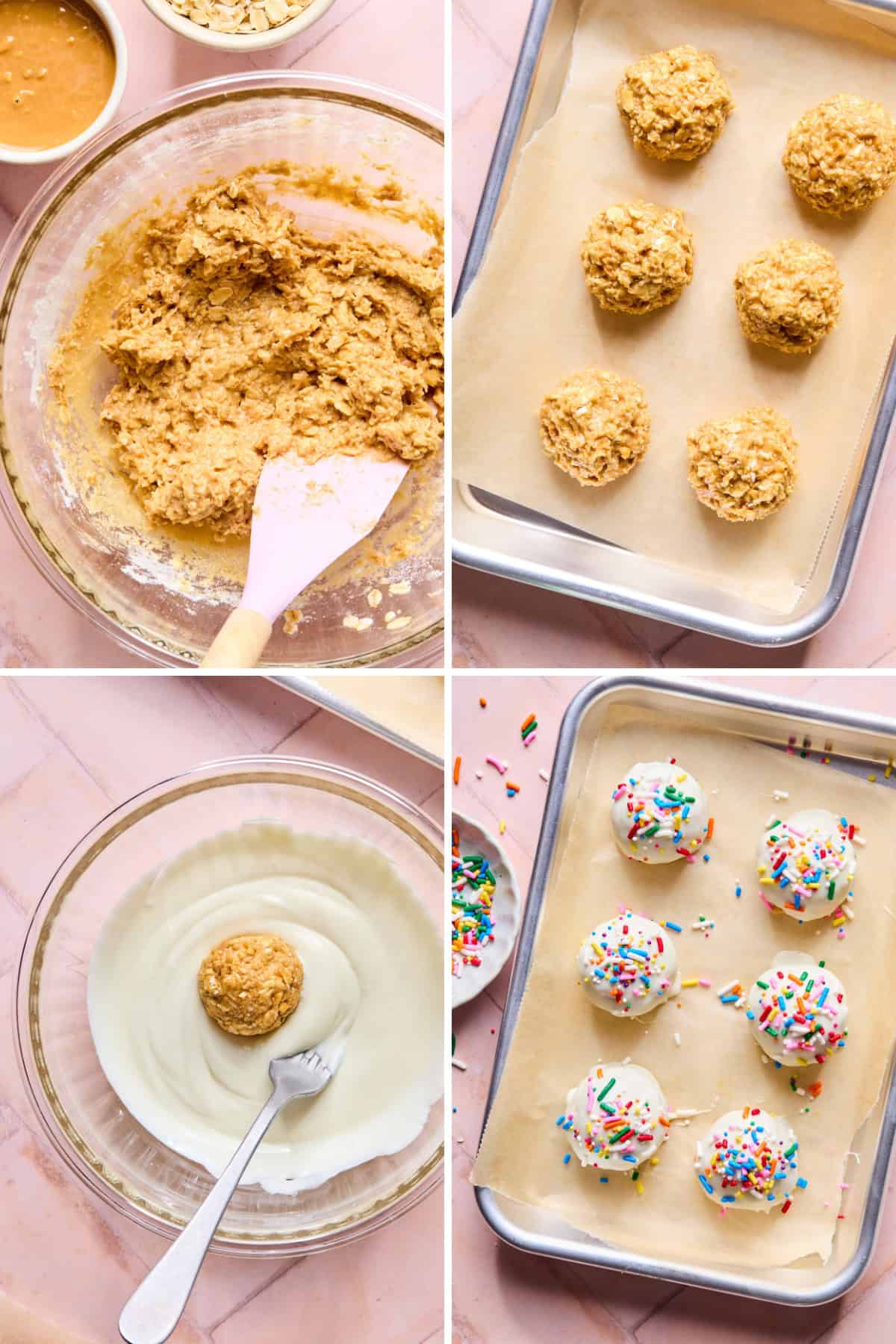 A four-step collage shows mixing protein ball dough in a bowl, forming balls on a baking sheet, dipping a ball in white chocolate, and finishing with decorated sprinkle-topped treats on parchment paper.