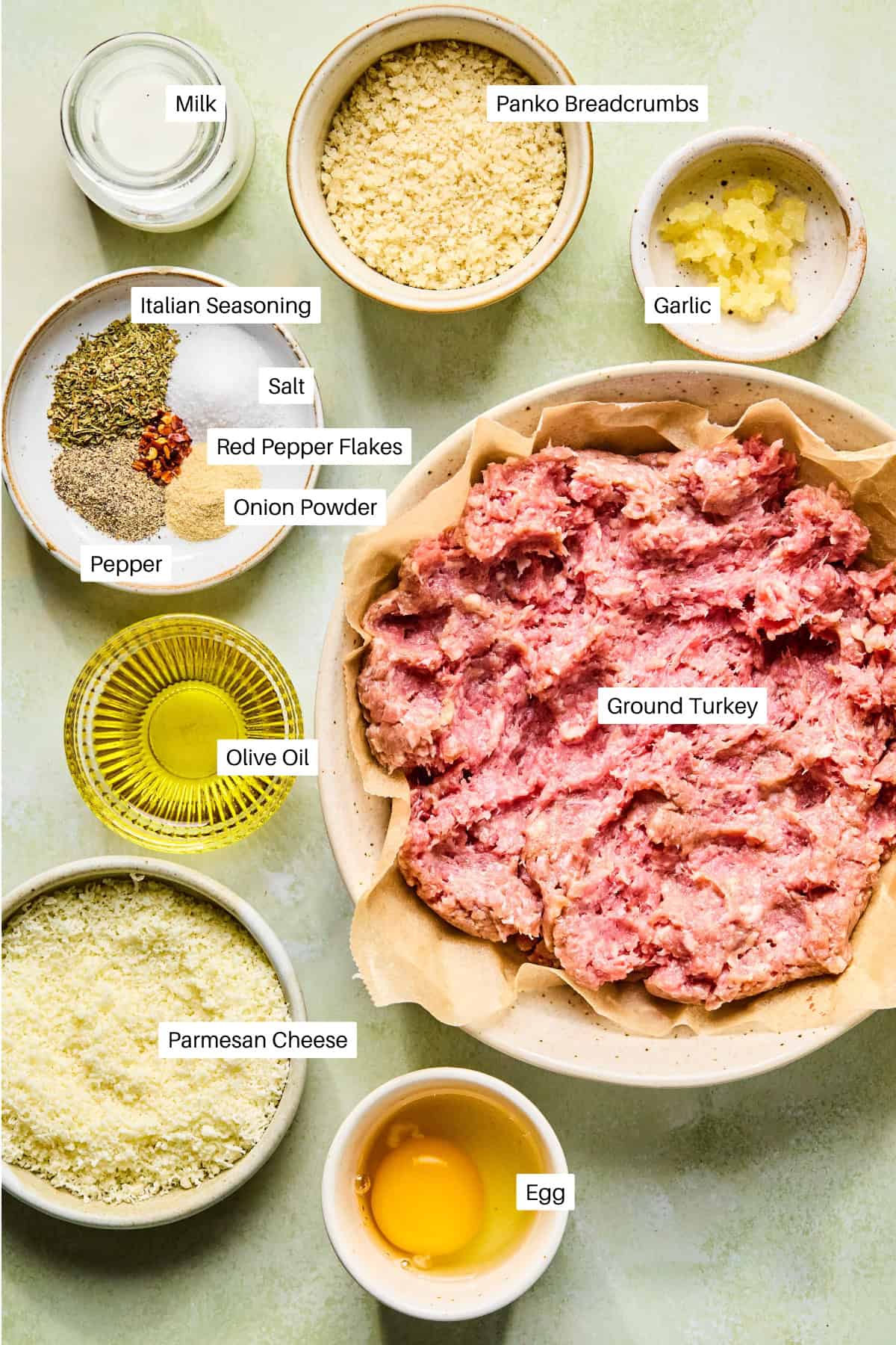 A top-down view of labeled ingredients in bowls for baked turkey meatballs: ground turkey, parmesan cheese, panko breadcrumbs, egg, milk, olive oil, garlic, Italian seasoning, salt, pepper, red pepper flakes, and onion powder.