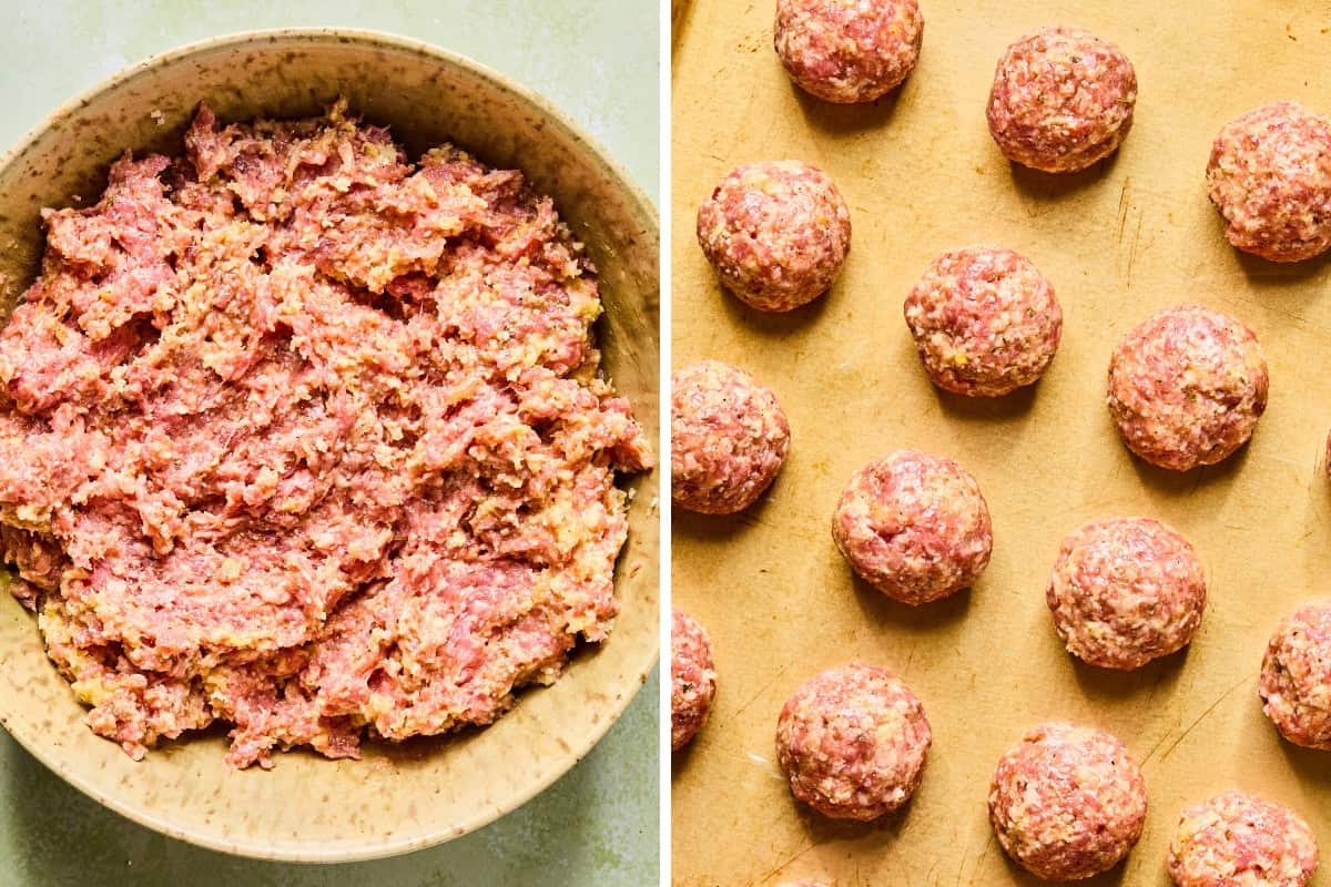 A split image showing a bowl of baked turkey meatballs mixture on the left and several raw, rolled turkey meatballs arranged on a baking sheet on the right.