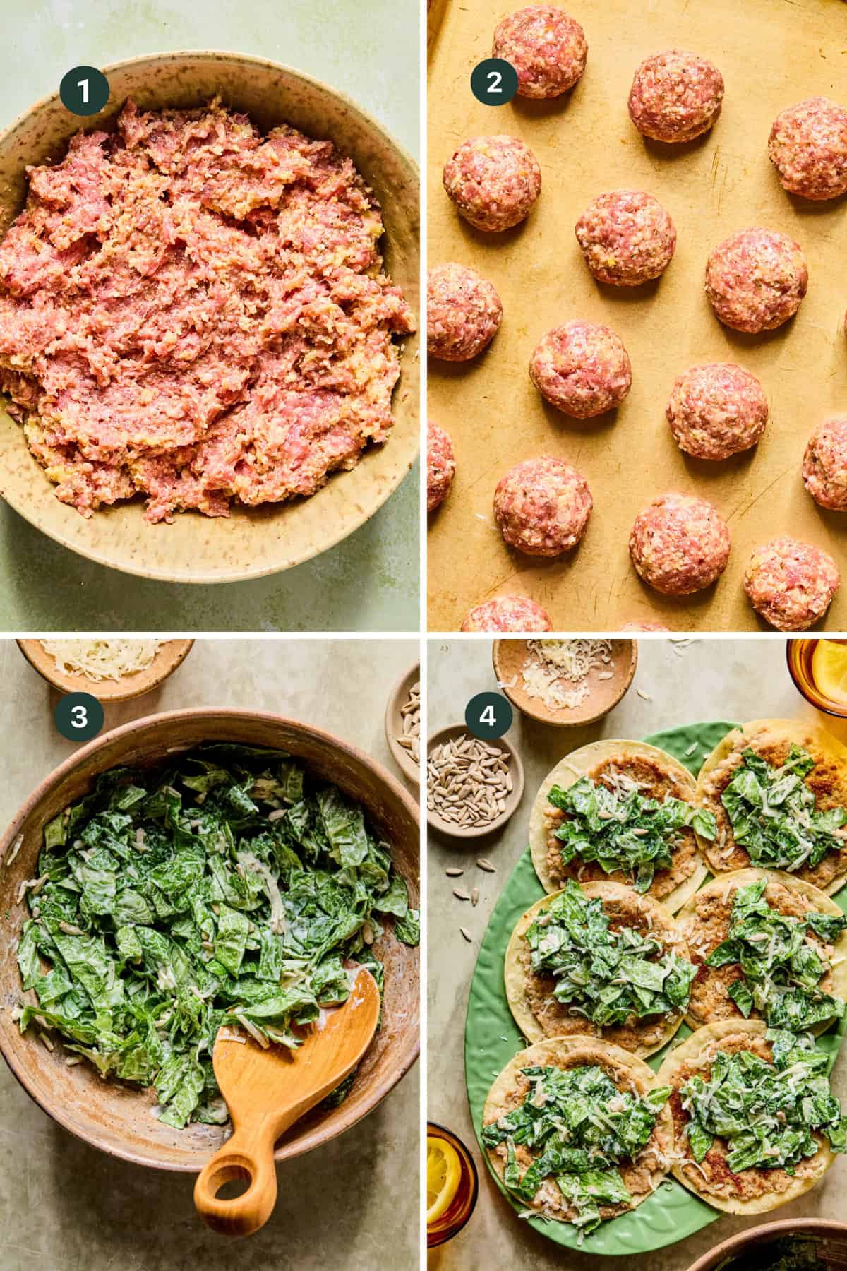 Four images show steps for making meatball gyros: 1) a bowl of raw meat mixture, 2) raw meatballs on a baking sheet, 3) a bowl of chopped greens being mixed, 4) finished gyros with meatballs and salad on flatbreads—like buffalo chicken smash tacos with a Greek twist.