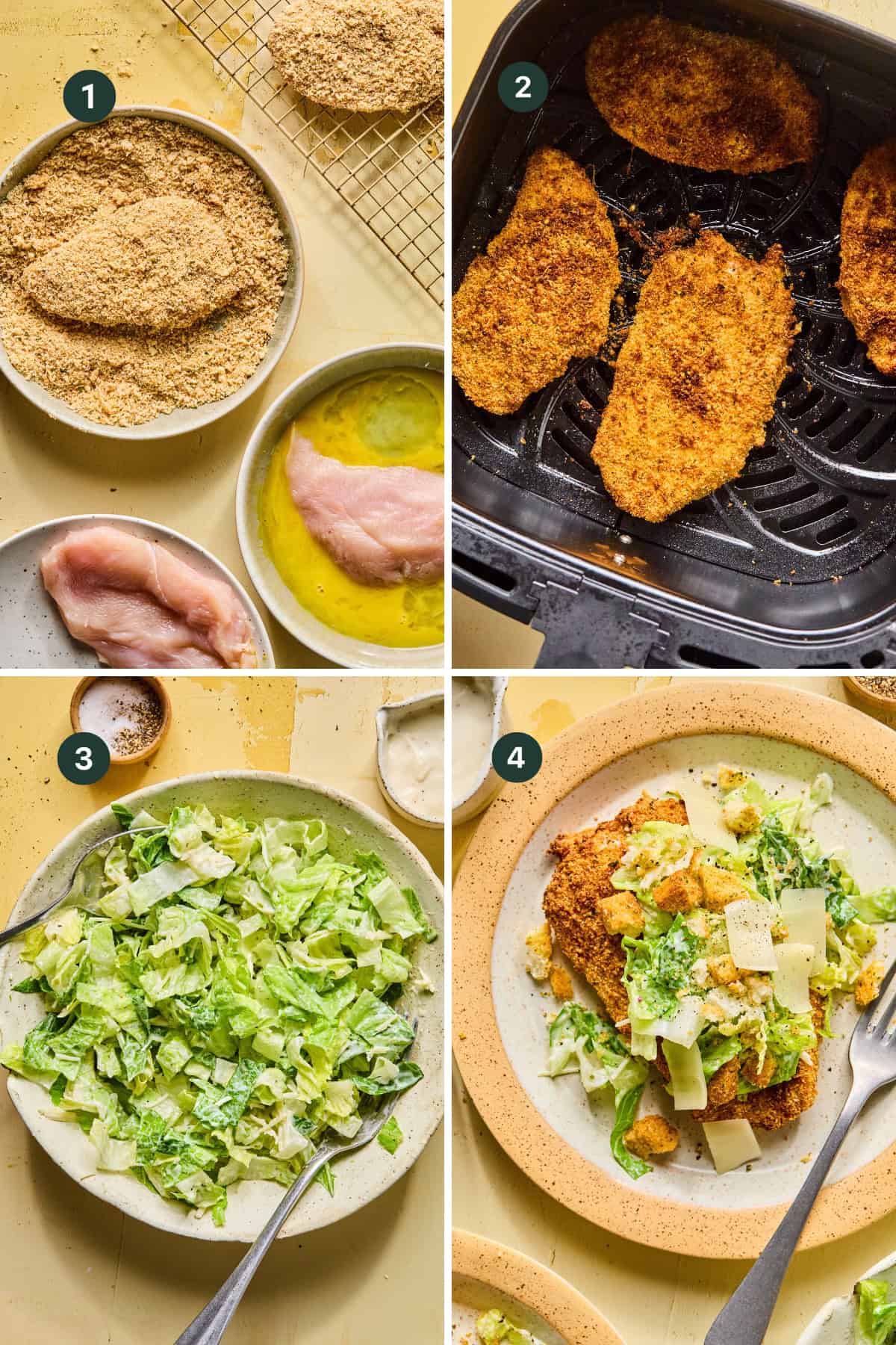 A four-step collage shows: 1) Chicken caesar cutlets being breaded with breadcrumbs and egg. 2) Cutlets cooking in an air fryer. 3) Tossed Caesar salad in a bowl. 4) Crispy chicken served atop Caesar salad on a plate.
