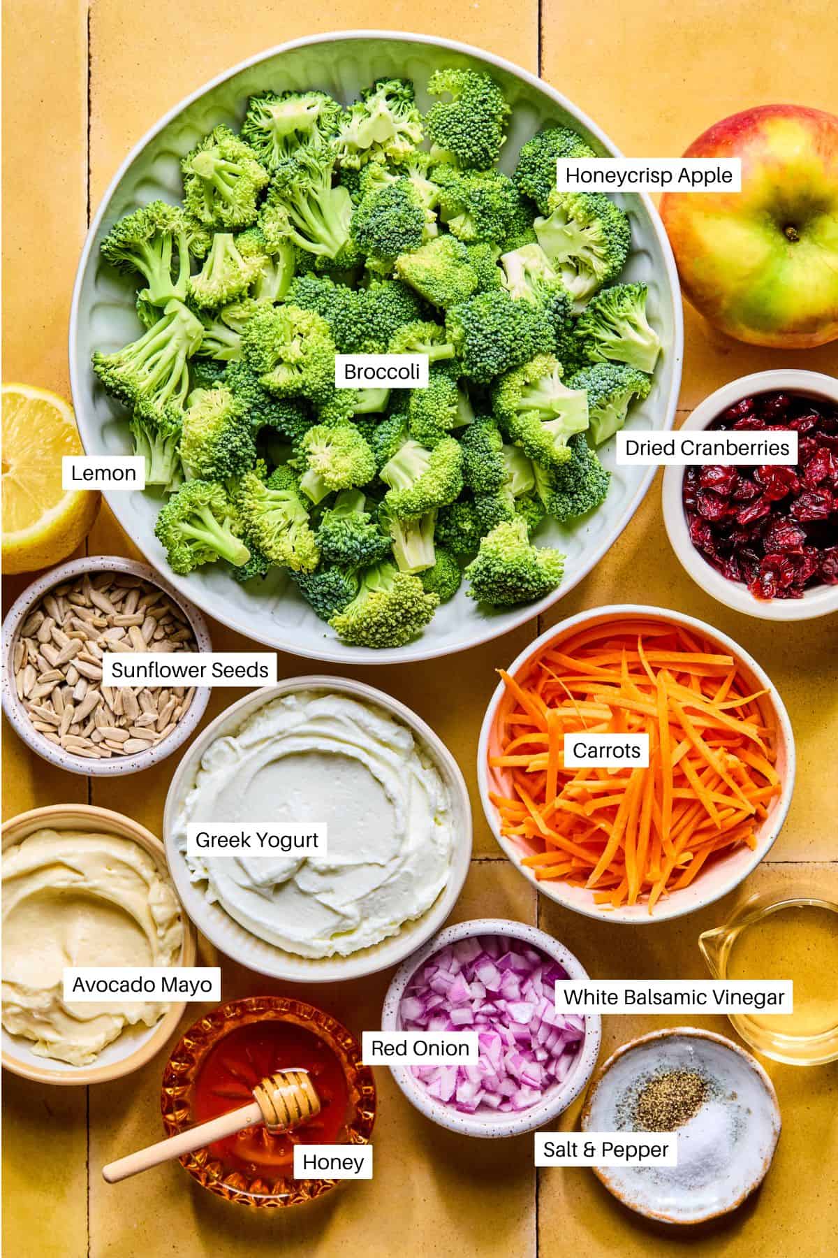 A flat lay of labeled ingredients for a Broccoli Crunch Salad, including broccoli, lemon, sunflower seeds, avocado mayo, Greek yogurt, honey, red onion, carrots, dried cranberries, Honeycrisp apple, balsamic vinegar, salt, and pepper.