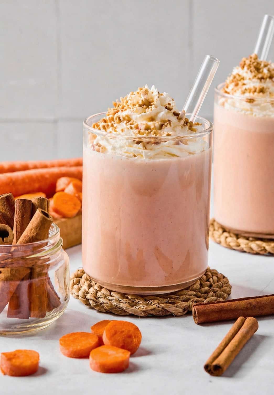 Two glasses of creamy carrot cake smoothie topped with whipped cream and crushed nuts, each with a clear straw. Surrounded by cinnamon sticks, carrot slices, and whole carrots on a light surface.