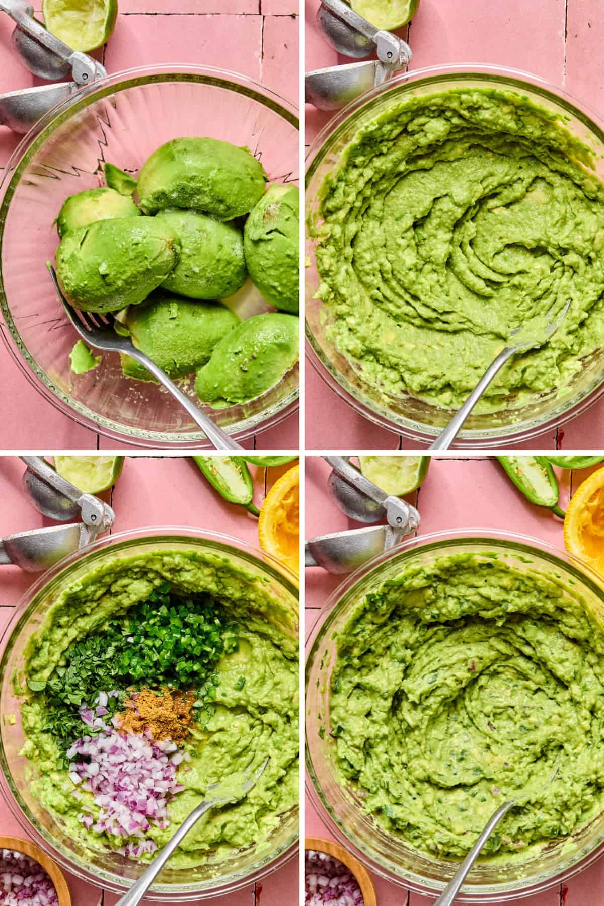 Four images show an Easy Guacamole Recipe: mashing avocados, mixing them, adding chopped herbs, onions, and spices, and then blending everything into a creamy dip in a glass bowl.