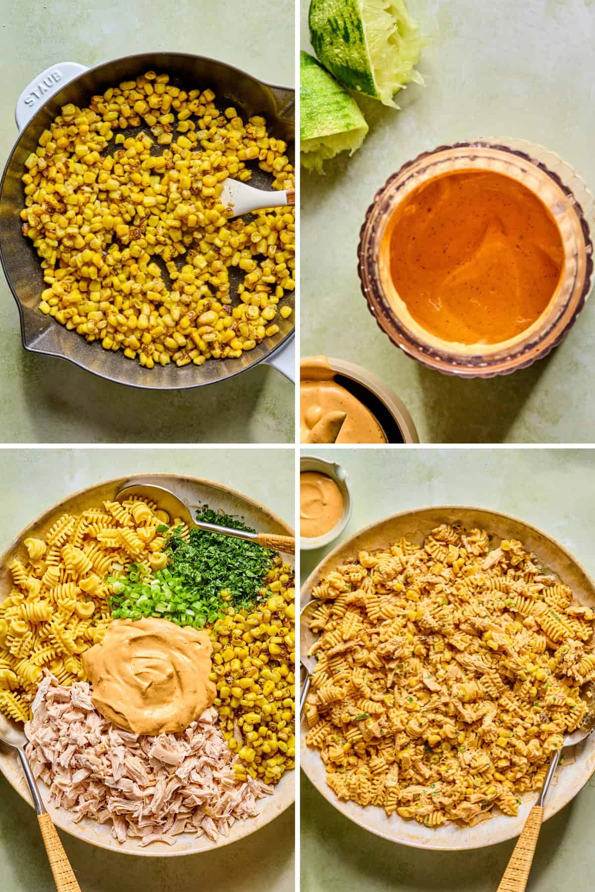 A collage of four images shows the steps of making a Mexican street corn pasta salad: sautéed corn in a bowl, a glass of orange sauce, pasta and ingredients in a bowl, and the mixed pasta salad with sauce and shredded chicken.