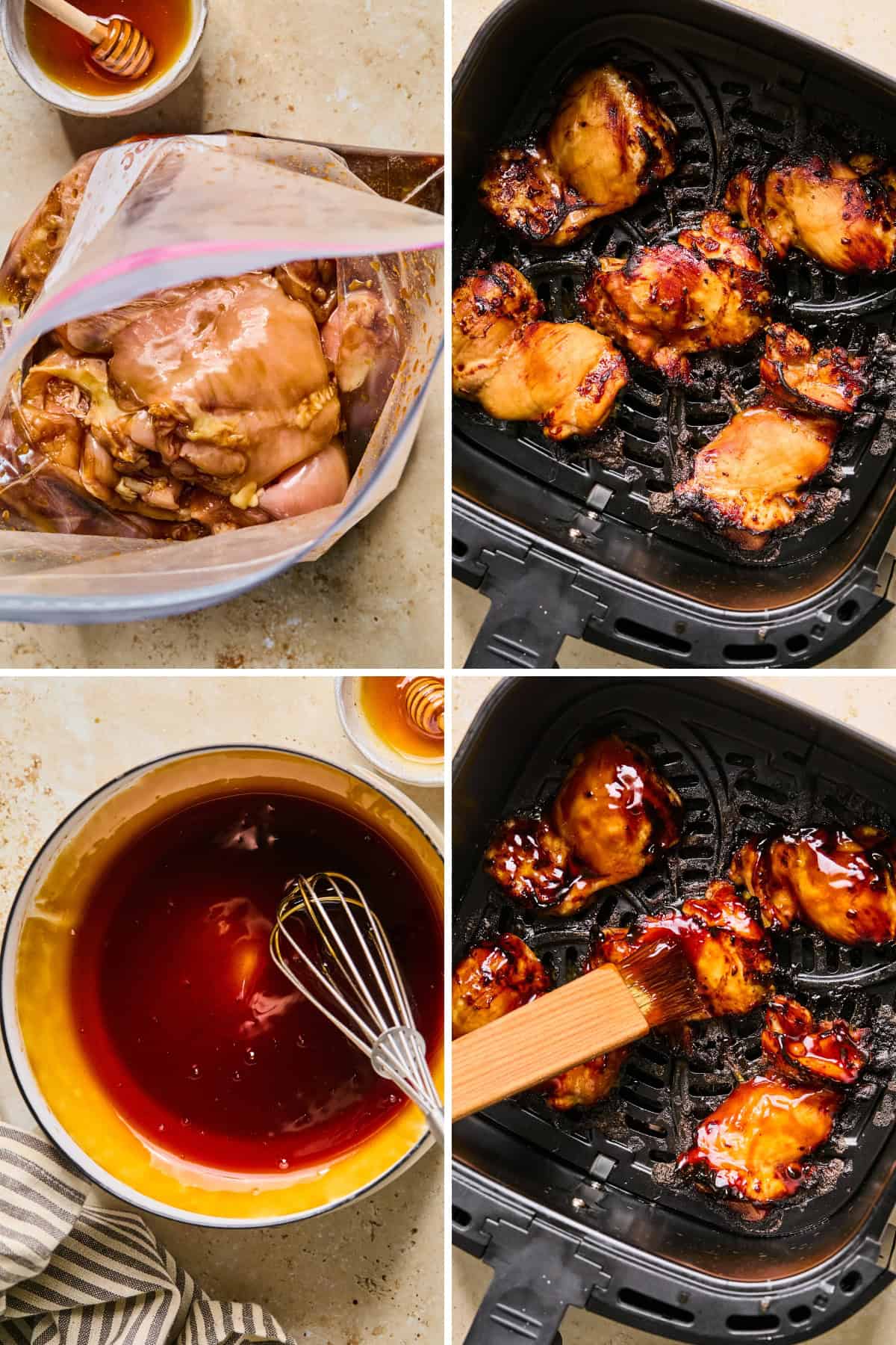 Four images: raw air fryer teriyaki chicken thighs marinating in a bag, chicken cooking in an air fryer, a bowl of sauce with a whisk, and cooked chicken being brushed with sauce.
