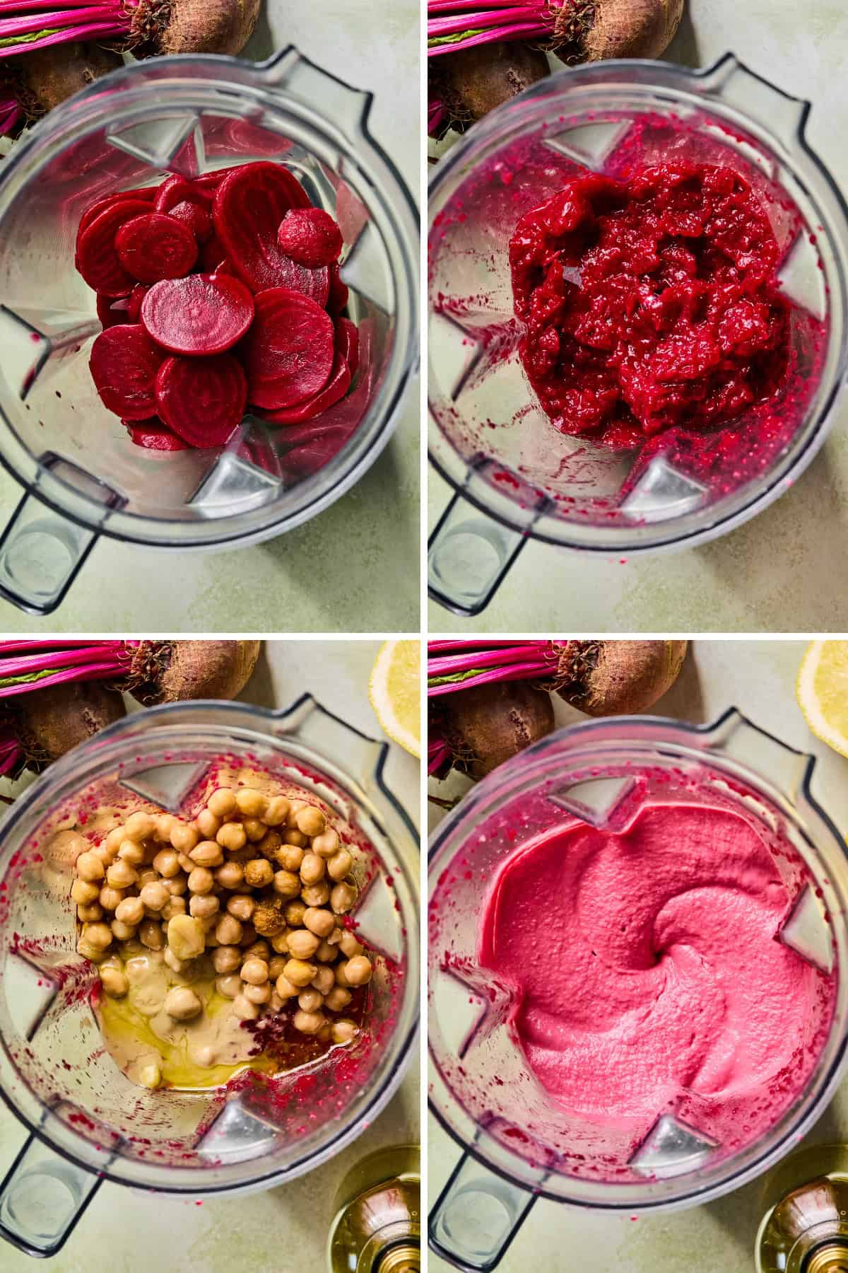 A four-panel image shows the process of making beetroot hummus in a blender: sliced beets, blended beets, added chickpeas and oil, and a smooth pink beetroot hummus blend.