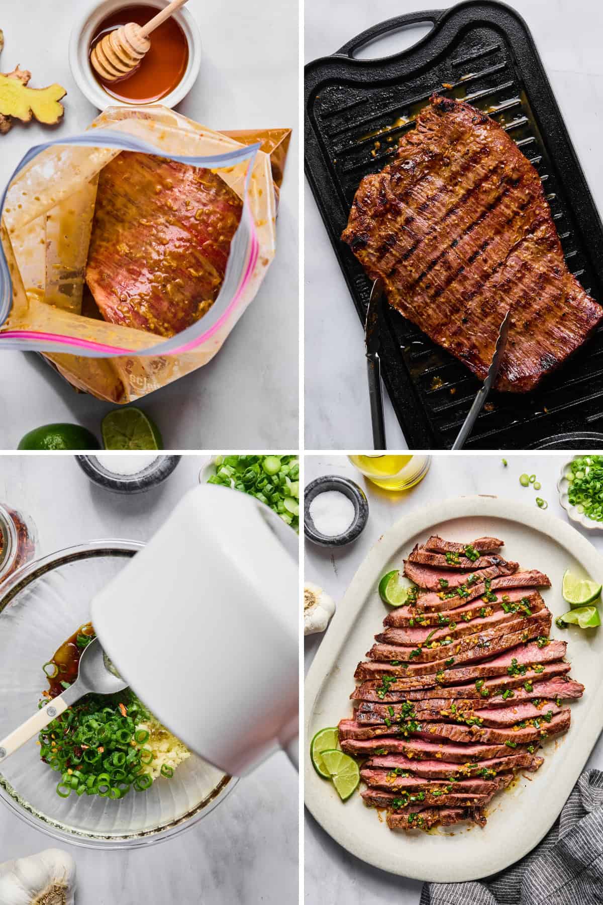 Four-panel image: marinating steak in a bag with Flank Steak Marinade, grilling steak on a grill pan, mixing marinade with green onions, and sliced grilled steak garnished with green onions and lime on a platter.