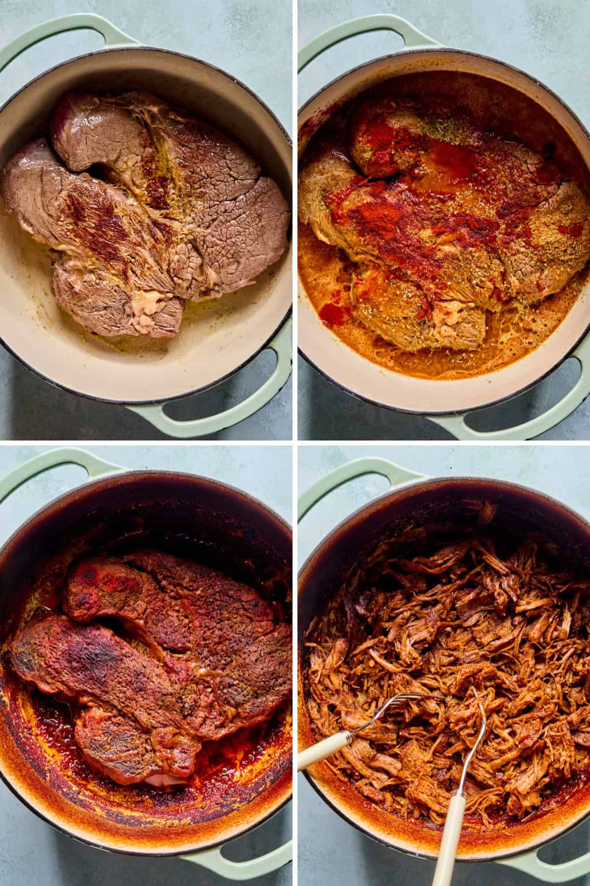 Four images show the stages of making pulled beef in a pot: raw beef, beef simmering in sauce, cooked beef, and tender shredded beef being pulled apart with forks.