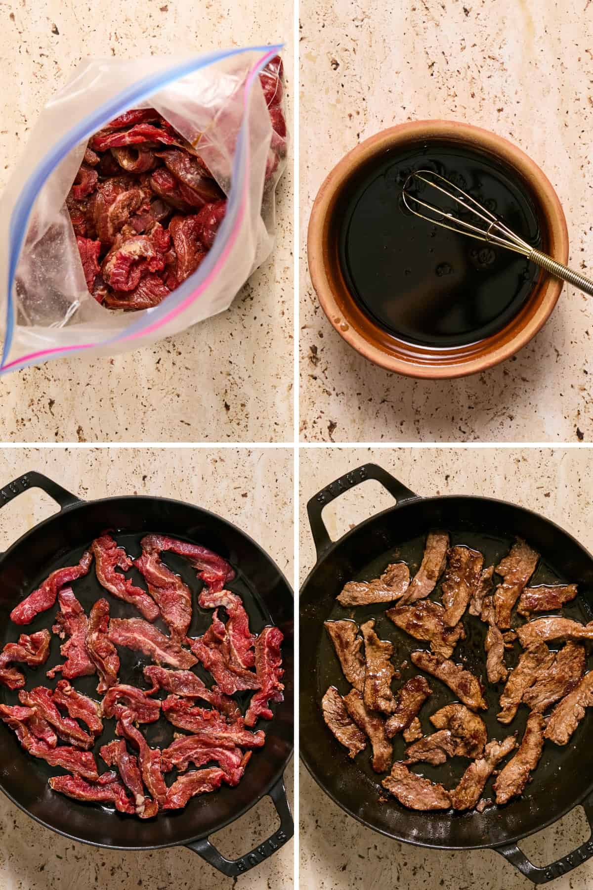 Four images: sliced raw beef in a plastic bag, a bowl of marinade with a whisk (perfect for steal fried rice), raw beef strips cooking in a pan, and cooked beef strips browning in the same pan.