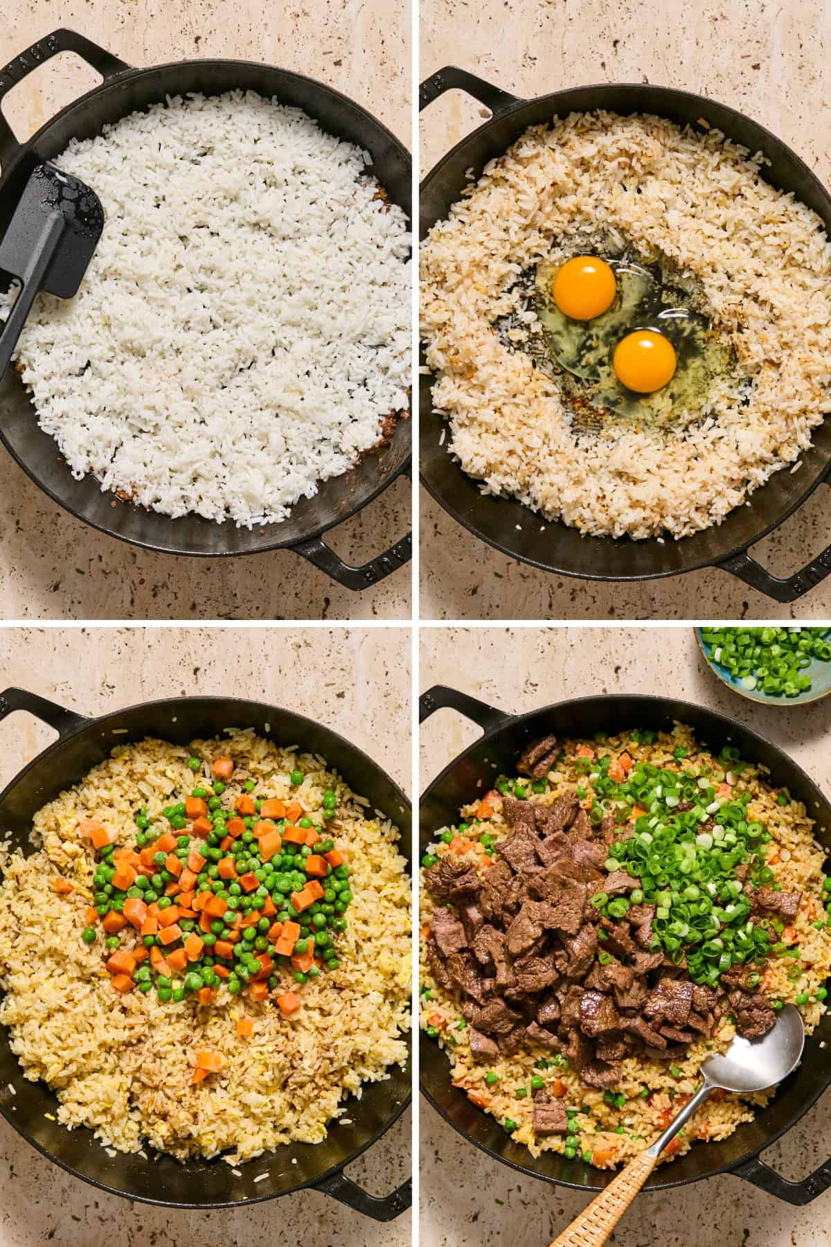 Four images show stages of making steal fried rice in a black pan: plain rice, rice with eggs, rice with peas and carrots, and finished fried rice with beef and chopped green onions.