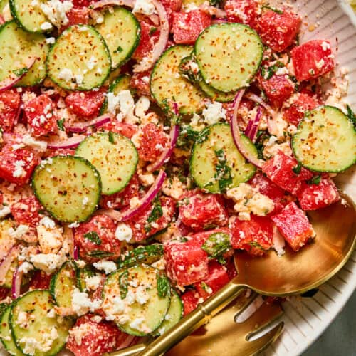 Watermelon, cucumber, and feta salad with Tajín