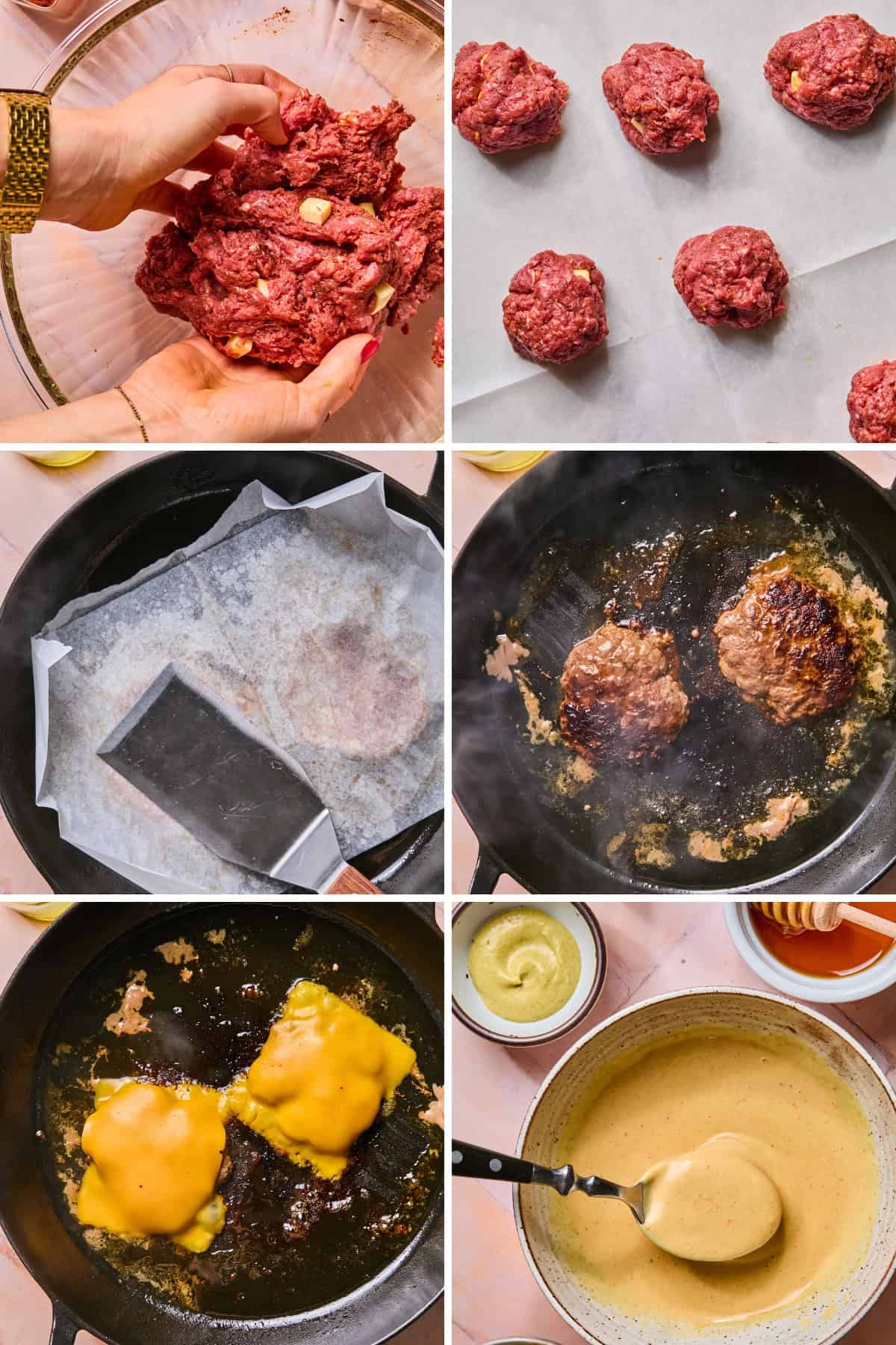 Hands mix ground beef and cheese, while a vibrant bowl of beetroot hummus sits nearby; meat shaped into balls and smashed on parchment in a pan; formed patties cook in skillet, filling the kitchen with savory aromas; patties topped with cheese, then finished with a spoonful of prepared cheese sauce. Ingredients—including fresh herbs and beetroot hummus—and utensils are also visible.