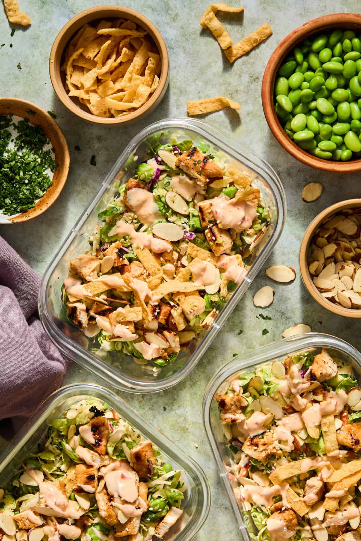 Three meal prep containers filled with salad, grilled chicken, sliced almonds, and creamy dressing are surrounded by bowls of edamame, crispy wonton strips, herbs, and more sliced almonds on a light green surface—perfect for pairing alongside a refreshing watermelon feta salad.