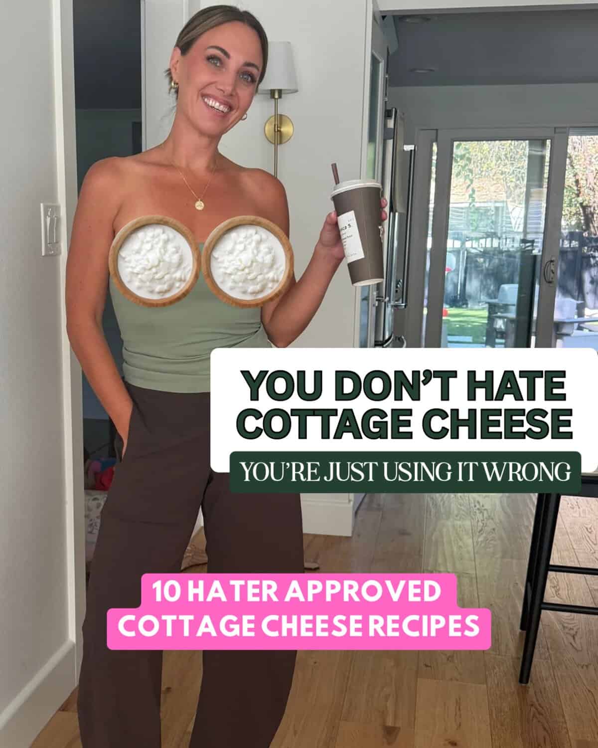 Danielle Lima with cottage cheese and text reading 10 hater-approved cottage cheese recipes