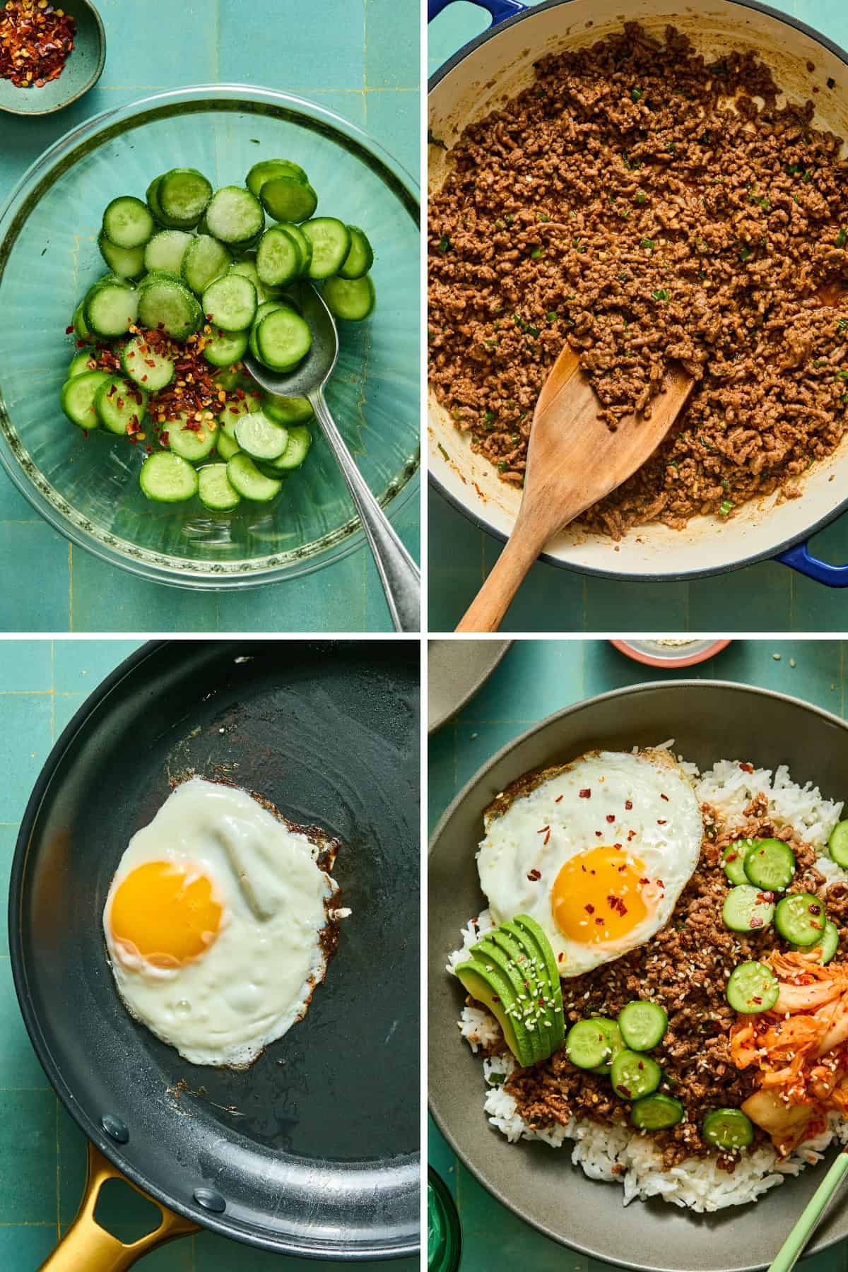 Four images: sliced cucumbers in a bowl, cooked ground meat in a pan, a sunny-side-up egg in a skillet, and a finished rice bowl topped with meat, egg, cucumber, avocado, and spices—perfect served alongside a refreshing watermelon feta salad for a vibrant meal.