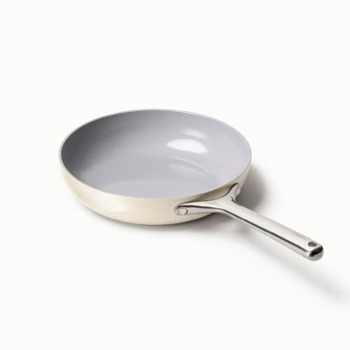 Cream Caraway ceramic nonstick fry pan with a silver handle