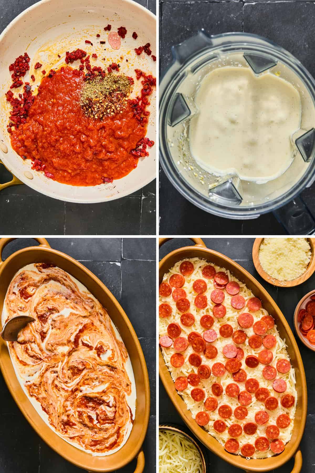 Four-panel collage showing the process of making cottage cheese pizza dip: sautéing tomato sauce, blending a cream sauce, swirling them in a baking dish, and topping with shredded cheese and pepperoni.