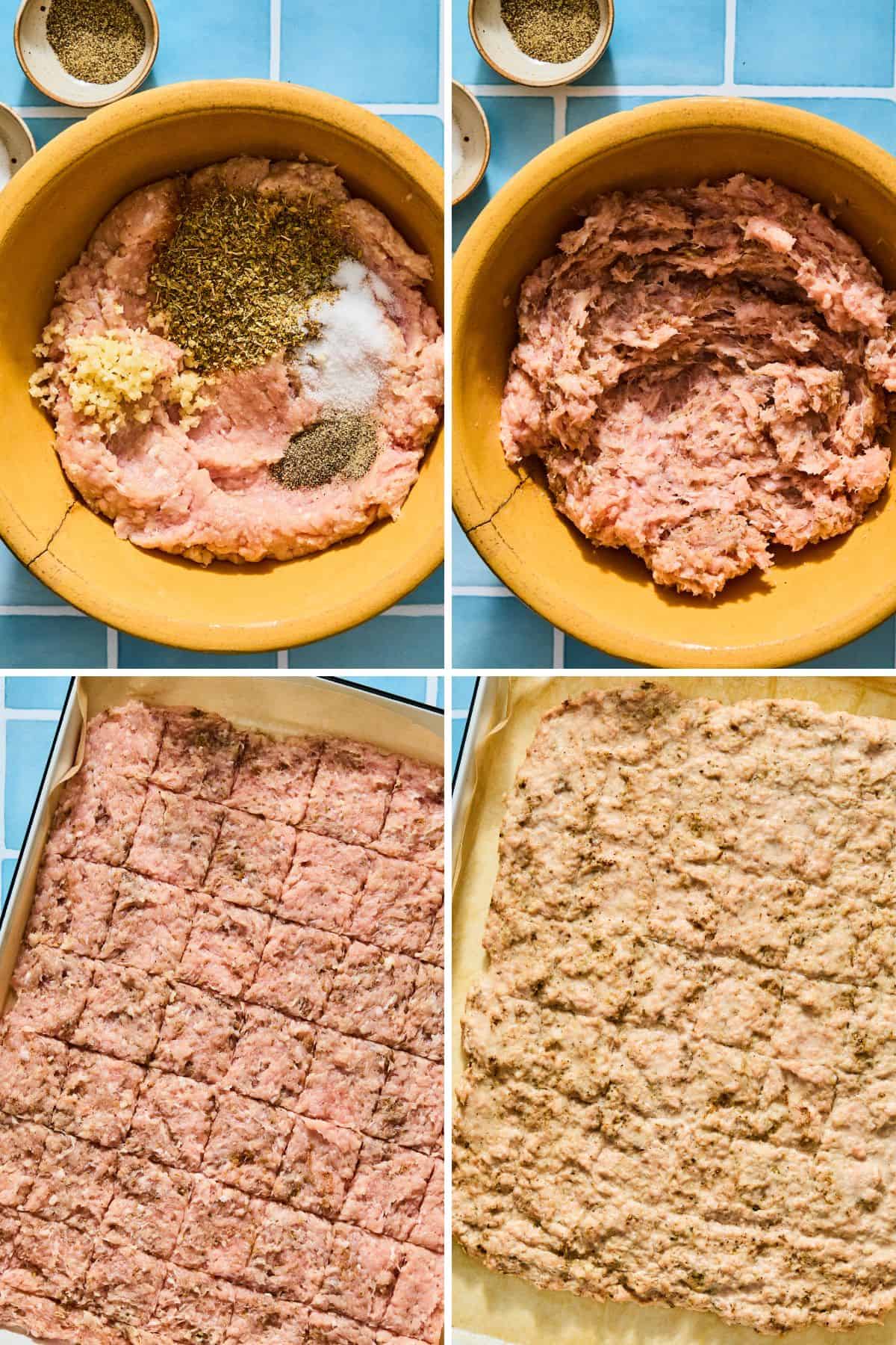 A four-panel collage showing ground meat for gyro bowls being seasoned in a bowl, mixed, scored into squares on a baking sheet, and baked.