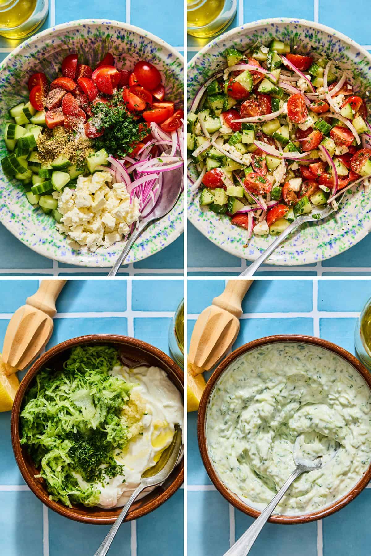 A collage of gyro bowl components, showing the preparation of a Greek salad with chopped vegetables and feta, alongside grated cucumber being stirred into yogurt for tzatziki sauce.