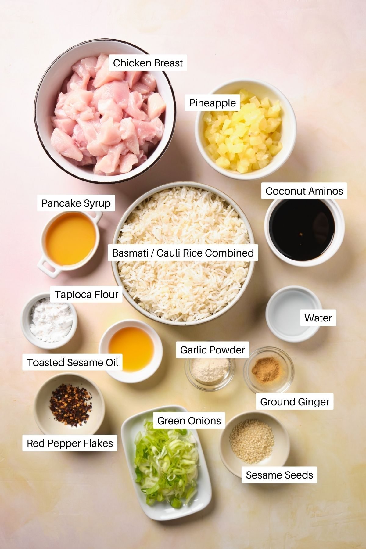 Teriyaki bowl ingredients including pancake syrup, tapioca flour, and ground ginger.